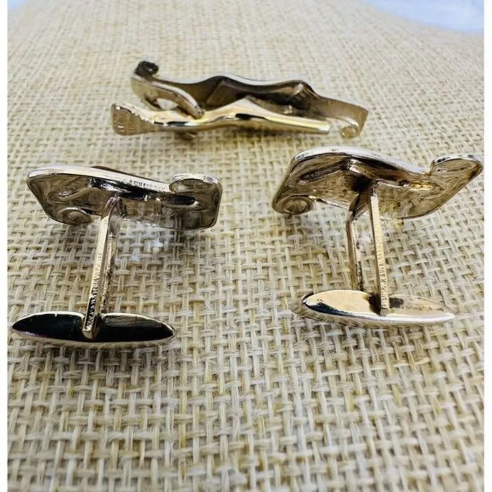 Vintage‎ 1950's Gold Tone Gold Thermoplastic Cuff Link & Matching Tie Bar
